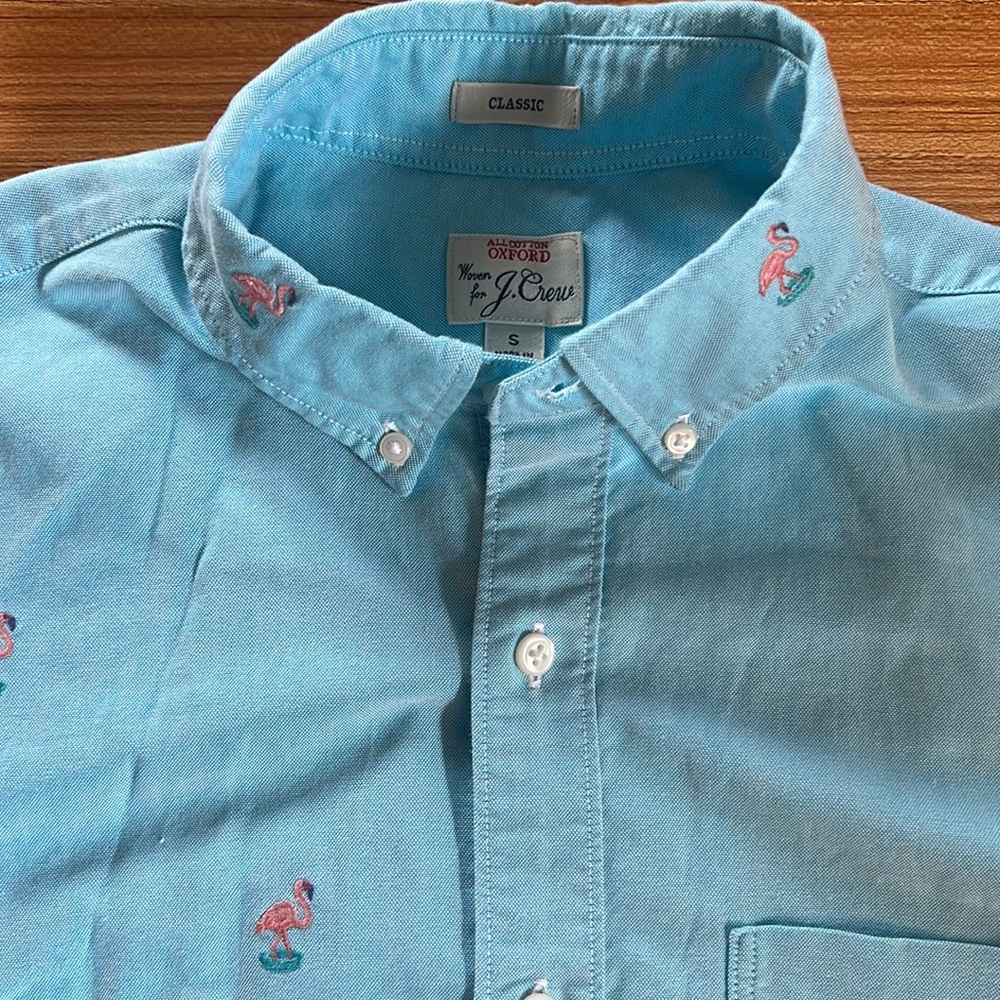 J. Crew all cotton Oxford blue with pink flamingo design